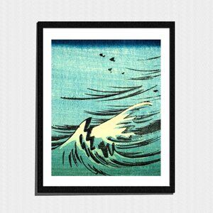 Art Print, Vintage Japanese Style Blue Waves Black Birds Seascape